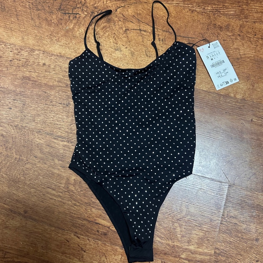 Zara Black Rhinestone Studded Bodysuit Y2K McBling Adjustable Straps NWT Small
